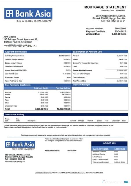 Download Kyrgyzstan Bank of Asia mortgage statement Word and PDF template Photoshop template